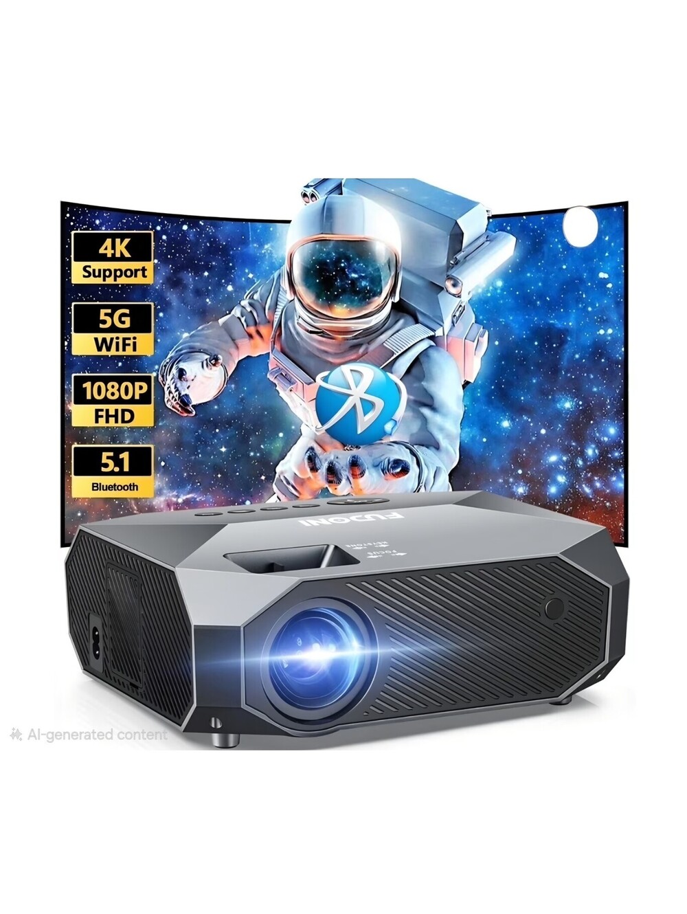 FUDONI Projector with WiFi and Bluetooth, Outdoor 4K Support 18000L Black